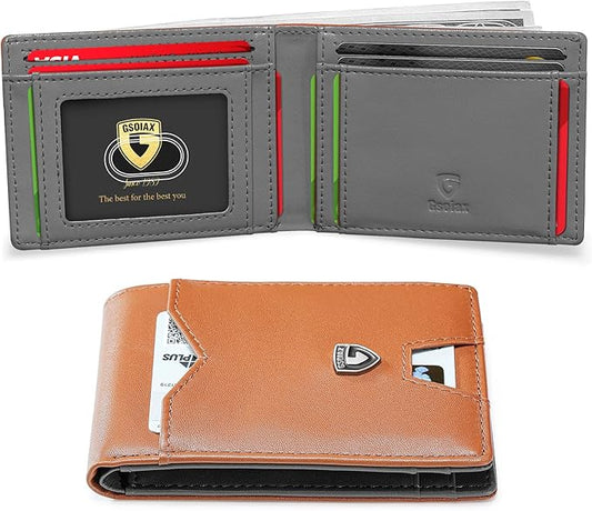 GSOIAX Mens Slim Wallet for Men Minimalist Genuine Leather Carbon Fiber Rfid Blocking Bifold Credit Card Holder With Gift Box (Brown and Grey)