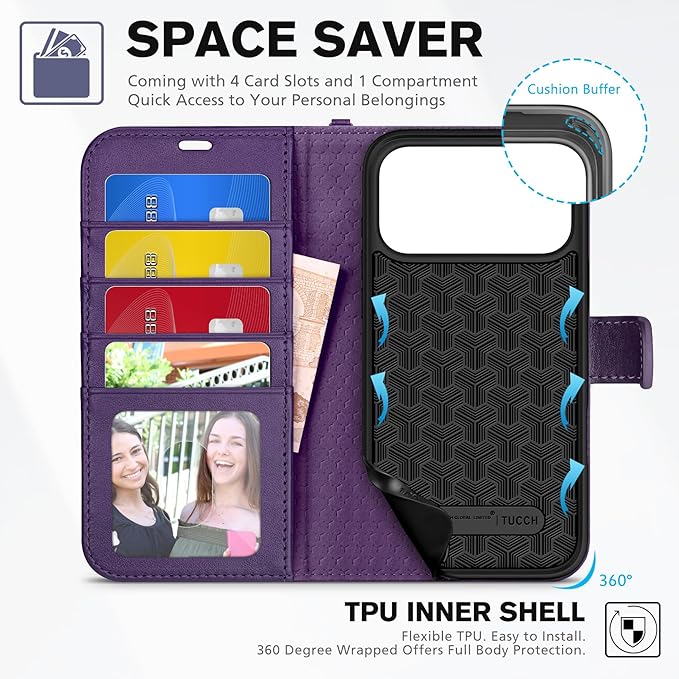 TUCCH Case Wallet for iPhone 17 Pro Max (6.9") 2025, Wrist Strap, Stand, RFID Blocking, 4 Card Holder, TPU Shockproof Inner Shell, PU Leather, Magnetic Folio Protective Cover, Deep Purple