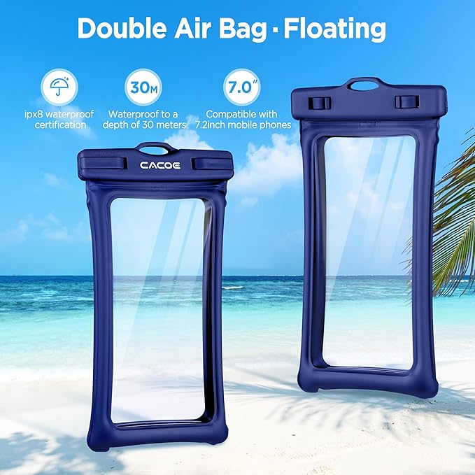CACOE Universal Waterproof Phone case 2 Pcs-Up to 7.0",Phone Pouch with Adjustable Neck Lanyard,IPX8 Cellphone Dry Bags for Beach Pool Swimming (Black+Dark Blue, Up to 7.0"-Floatable)