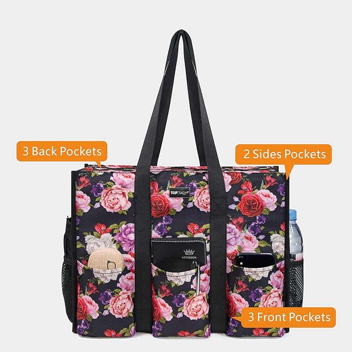 TOPDesign Utility Water Resistant Tote Bag with 13 Pockets, Top Zipper Closure & Thick Bottom Support, for Working Women