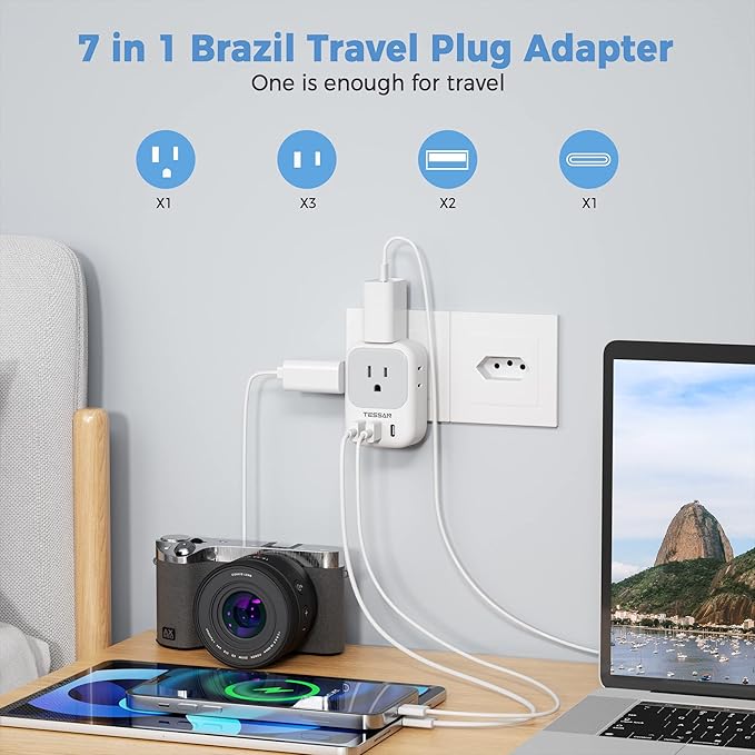 TESSAN Brazil Power Adapter, US to Brazil Travel Plug with 4 American Outlets 3 USB Charger (1 USB C Port), Type N Adaptor for USA to Brazilian Brasil