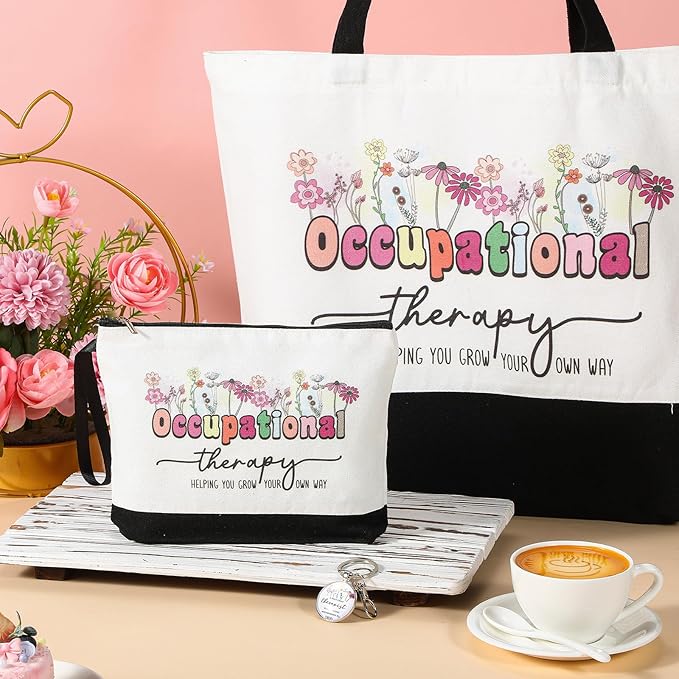 Kacctyen 3 Pcs Occupational Therapy Gifts Canvas Tote Bag Mental Healthy Makeup Cosmetic Bag Psychology Appreciation Keychains OT Gifts for Women Therapists(Cute Occupational)