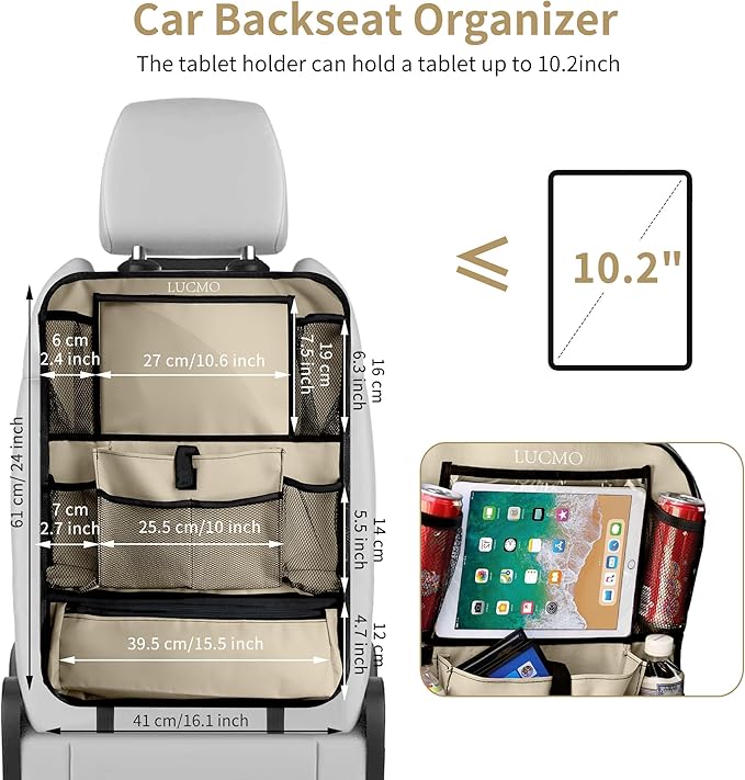 LUCMO Car Backseat Organizer with Touch Screen Tablet Holder-2 Pcs,9 Storage Pockets Car Storage Organizer Protectors Kick Mats Travel Accessories for Kids-Beige