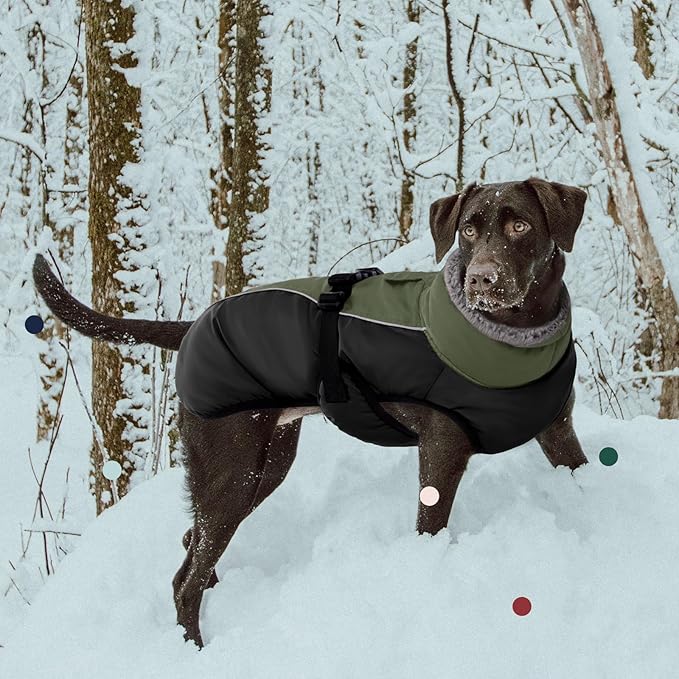 IECOii Extra Warm Dog Coat Reflective Adjustable Jacket Winter with Buckle Fleece Turtleneck for Cold Weather Soft Small Medium Dogs, Army Green, XXX-Large