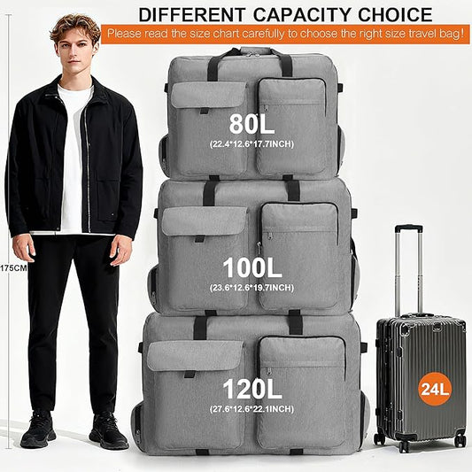 Large Travel Duffle Bag for Men Women, 80L 100L 120L Foldable Waterproof Duffle Bag, Packable Bag with Shoes Compartment for Overnight Gym Weekender Bag (Gray, 120L)