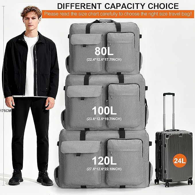 Large Travel Duffle Bag for Men Women, 80L 100L 120L Foldable Waterproof Duffle Bag, Packable Bag with Shoes Compartment for Overnight Gym Weekender Bag (Gray, 80L)