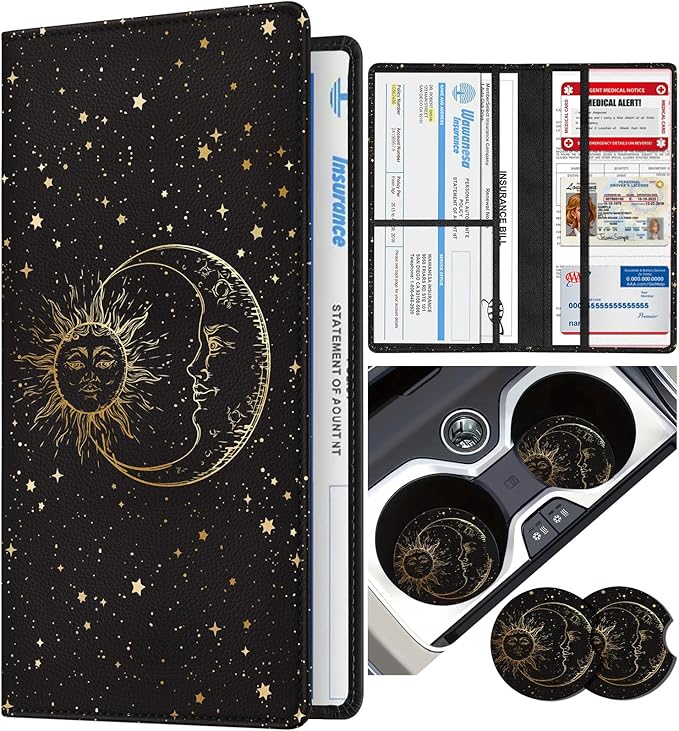 Slohif Car Registration and Insurance Card Holder with Magnetic Shut - Vehicle Glove Box Organizer Women Leather Automobile License Holders Coasters Auto Accessories Case for Document Moon Sun Black