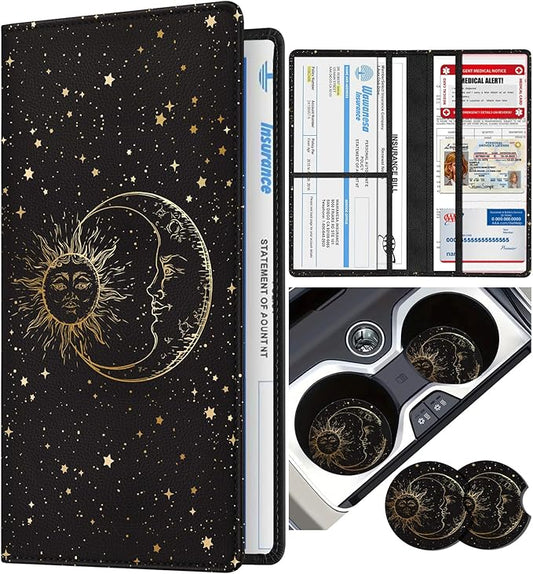 Slohif Car Registration and Insurance Card Holder with Magnetic Shut - Vehicle Glove Box Organizer Women Leather Automobile License Holders Coasters Auto Accessories Case for Document Moon Sun Black