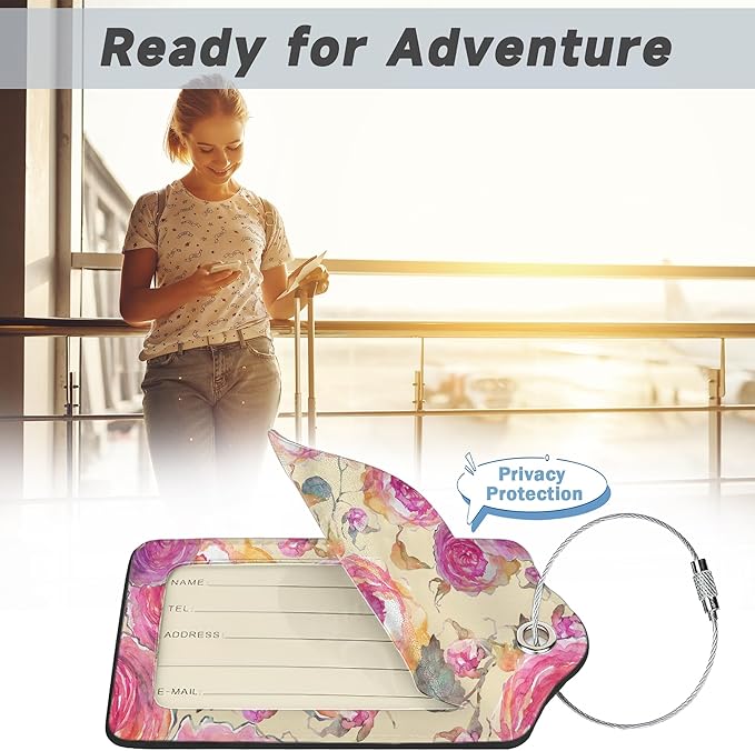 2 Pack Luggage Tag for Suitcase,Retro Flower Rose Leather Suitcase Tags Identifiers with Privacy Name Address Labels and Durable Steel Loop for Women Men Travel