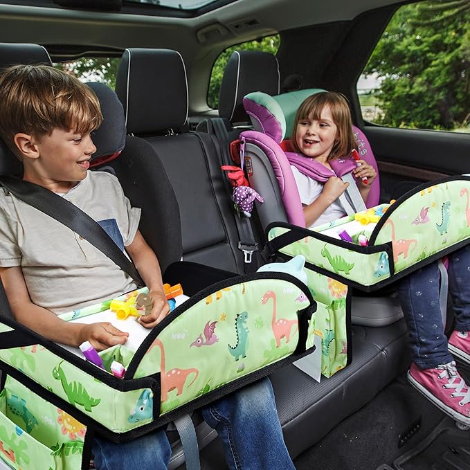 WENRENER Kids Travel Tray, Car Seat Tray for kids Travel, Toddler Road Trip Essentials With Drawing Kit, Toddler Lap Desk Organizer for Car, Carseat Table for Airplane