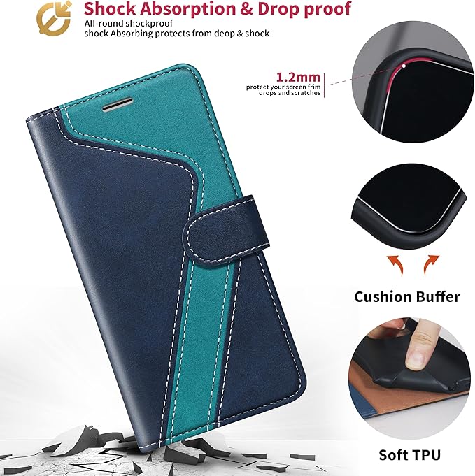 CIVICASE for iPhone 14 Pro Wallet Case,Leather Flip Case [RFID Blocking] Credit Card Holder Folio Magnetic Stand TPU Shockproof Cover Color Matching for iPhone 14 Pro (6.1") Blue Green