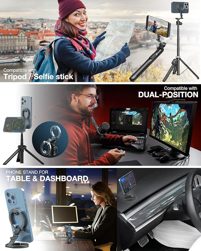 Dual Magnetic Phone Holder Compatiable with Magsafe for iPhone 16 15 14 13 12 Pro Max Plus Series, 1/4" Screw Tripod Mount, Gym Magnetic Phone Stand Travel(Silver)