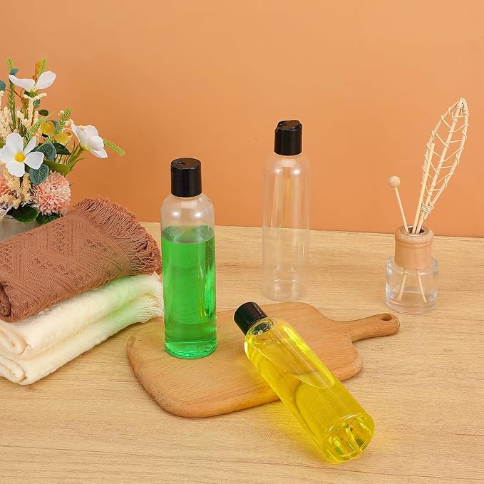 24 Pieces Plastic Empty Bottles Clear Squeeze Travel Containers with Black Disc Cap Refillable Shampoo Travel Bottles for Toiletries Lotion Container for Body Soap Cream(8 oz)