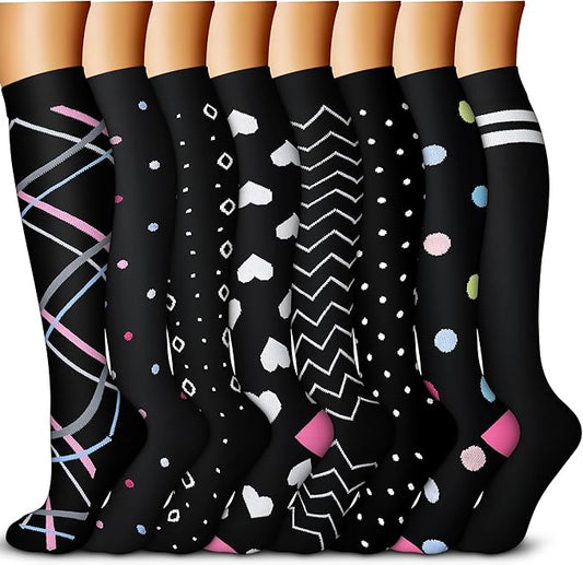QUXIANG Copper Compression Socks for Women & Men Circulation (8 Pairs) - Best for Running Athletic Cycling - 15-20 mmHg