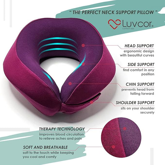 Premium Quality Memory Foam Travel Neck Pillow Bundle - Best Ergonomic Pillow for Airplane Travel, car Ride, Sleeping. Comes with Eye mask, earplugs and Storage Bag. (Royal Pink)