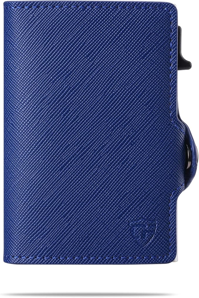 Womens Slim Wallet for Small Purses, Pop Up Wallet with Anti Theft RFID Blocking Credit Card Holder for Women in Navy Blue PU Saffiano