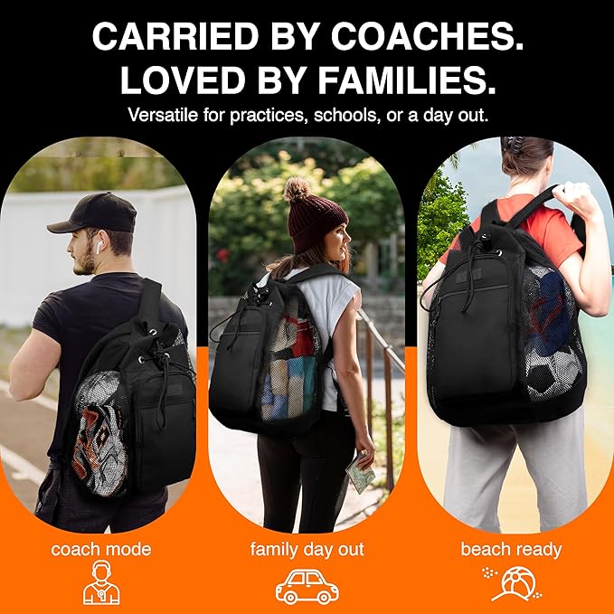 Fitdom Heavy Duty Small Mesh Equipment Ball Bag w/Adjustable Backpack Shoulder Strap Design for Coach. 2 Different Size Compartments. Perfect for Soccer Football Volleyball Basketball & Water Sports