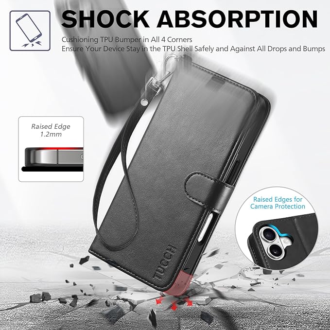 TUCCH Wallet Case for iPhone 17 (6.3") 2025, Wrist Strap RFID Blocking 4 Card Slots, Kickstand, Shockproof TPU Shell, PU Leather, Magnetic Closure, Protective Flip Folio Cover, Black