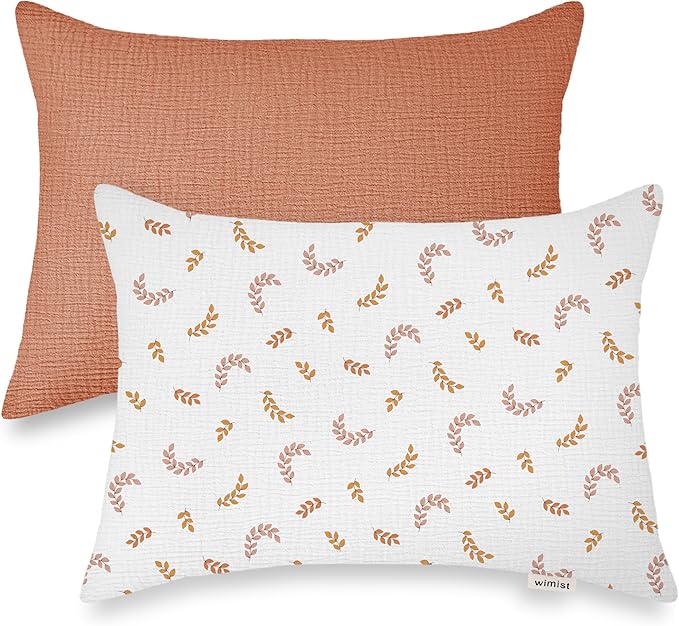 Toddler Pillowcases for 13"x18" Pillow 2 Pack, Muslin Small Toddler Baby Kids Travel Pillow Covers for Boys Girls with Envelope Closure (Brick & Leaf, 13 x 18 Inch)