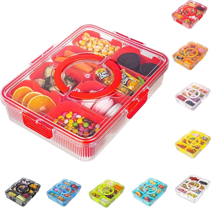 Patent Design Ribbed Snackle Box Container Divided Serving Tray with Lid and Handle -Charcuterie Container Portable Storage Organizer for Candy, Fruit, Beach, Picnics（1 pcs, Red）