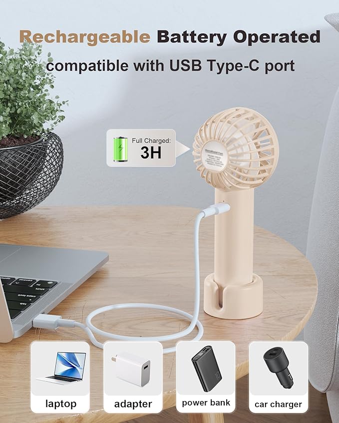 Coohea 2-Pack Pink & Beige Handheld Fan, Small Cute Design, 3 Powerful Speeds, Operated by USB/Rechargeable Battery, Personal Portable Fan with Base & Lanyard, for Eyelash Makeup Travel Beach Desk