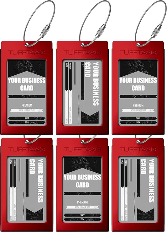 Luggage Tags Business Card Holder - 6 Pack Metal Tags, Red, Rectangular, Aluminum Alloy, 2.35" x 4.15" x 0.15", Perfect for Suitcases, Backpacks, and Carry-Ons