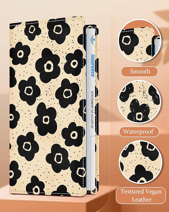 Slohif Car Registration and Insurance Card Holder - Black Flower Vehicle Glove Box Organizer Women with Magnetic Shut Leather Automobile License Holders Coasters Auto Accessories Case for Document