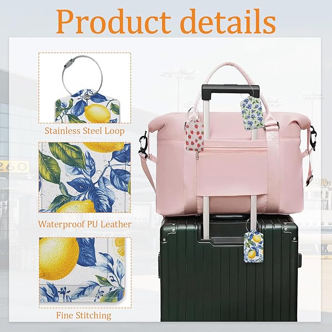 Cute Fruit Luggage Tags for Suitcases, 3 Pack Leather Bag Tag Identifiers with Stainless Steel Loop and Address Card for Men Women