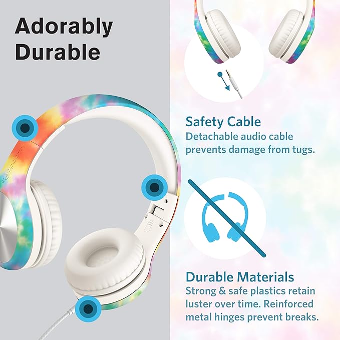LilGadgets Connect+ Pro Wired Kids Headphones for School with Microphone, Volume Limiting Over-Ear Headset with Cord, SharePort Technology & SoftTouch Padding, Tie Dye Rainbow