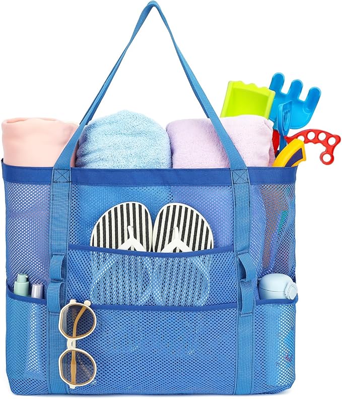 Mesh Beach Bag, Large Beach Tote with Zipper Pocket for Family Pool Bag for Toys & Vacation Essentials