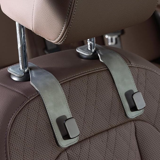 CoBak Headrest Hooks for Car - Universal Premium Stitched Leather and Aluminum-Magnesium Alloy Single Car Seat Back Storage Hook for Purses, Handbags, Bags (2 Pack),Gray