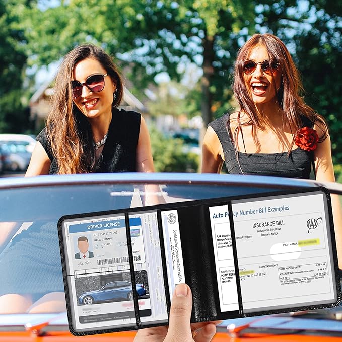 DMLuna Car Registration and Insurance Holder, Folio Leather Vehicle Card Document Glove Box Organizer, Auto Truck Compartment Accessories for Essential Information, Driver License Cards, Black