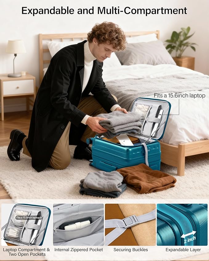 Hanke 20 Inch Expandable Carry On Luggage Airline Approved Top Opening Hard Shell Suitcases with Wheels Lightweight Travel Luggage Carry On Suitcase for Woman Men-Caribbean Blue