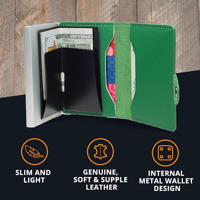 Card Blocr Womens Slim Wallet for Small Purses, Pop Up Wallet with Anti Theft RFID Blocking Credit Card Holder for Women in Green PU Saffiano Leather