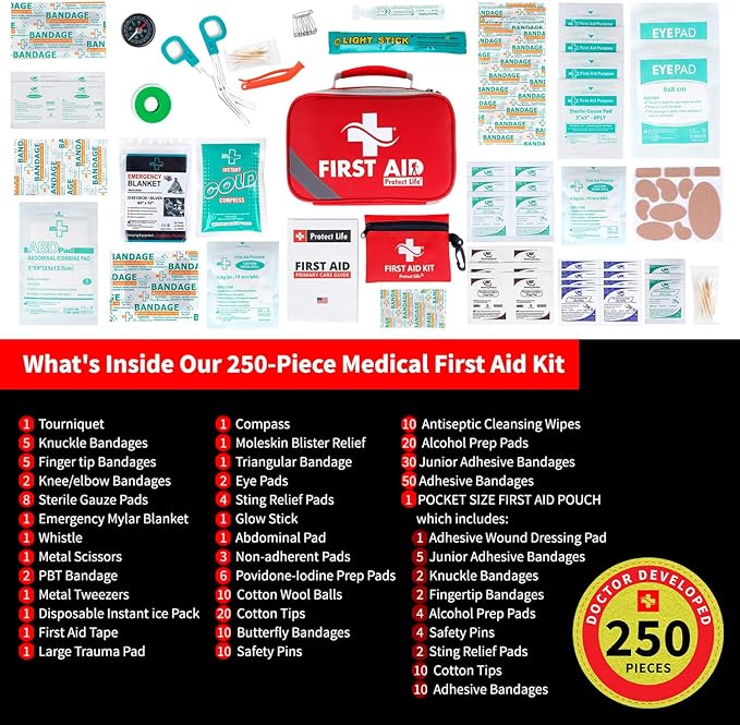 Protect Life First Aid Kit for Home & Business, 250 Pcs - Emergency Medical Kit for Camping & Hiking