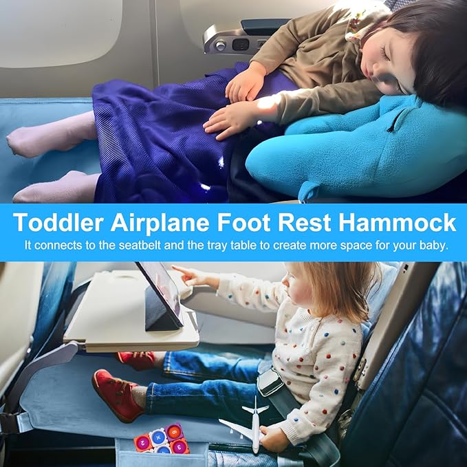 Toddler Airplane Bed, Kids Airplane Seat Extender Travel Bed, Kids Airplane Travel Essentials, Airplane Must Have for Toddlers, Baby Portable Plane Bed Foot Rest for Flights, Blue