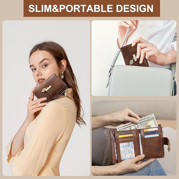 yiijay Small Wallet Women RFID Blocking Leather Bifold Wallet Credit Card Holder for Women Ladies Compact Wallet Mini Purse With Zipper Pocket