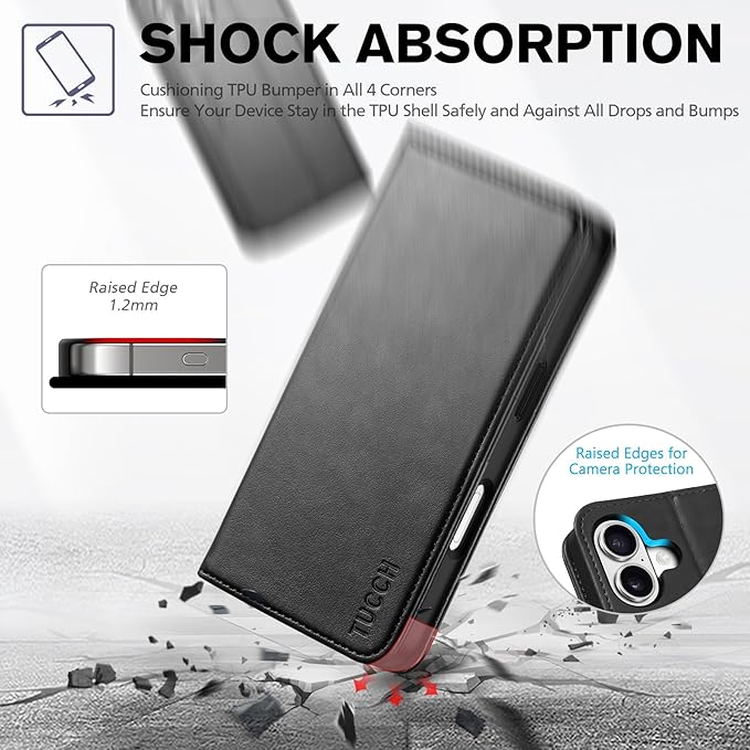 TUCCH Case Wallet for iPhone 17 (6.3") 2025, RFID Blocking 3 Card Holders | Kickstand | PU Leather | Protective Flip Folio Cover | TPU Shockproof Interior Shell | Black