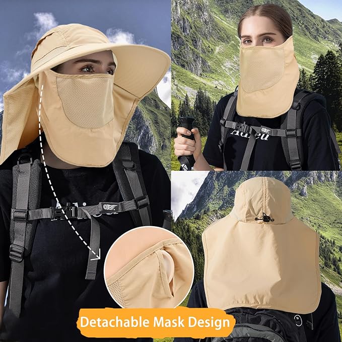 Sun Hats for Men Women Detachable Face Cover Wide Brim Fishing Hats with Neck Flap UPF 50+ Outdoor Safari Hats