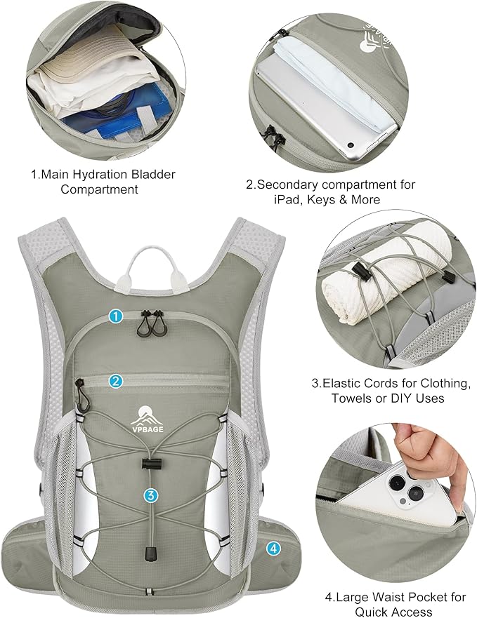 Hydration Backpack with 2L Water Bladder - Lightweight 15L Daypack with Phone-Sized Hip Belt Pockets, Anti-Chafe Cotton Edging & No-Bounce Straps - Small Water Backpack for Hiking, Running, Skiing