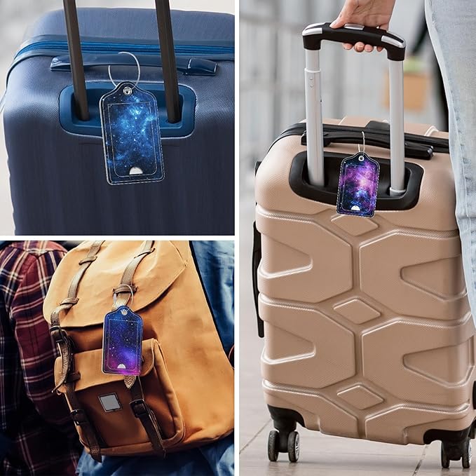 Rimilak 3 Pcs PU Leather Luggage Tags for Suitcase, Travel Cruise Luggage Tag with Privacy Flap, Name ID Label and Metal Loop for Women Men Baggage Handbag School Bag Backpack, Galaxy