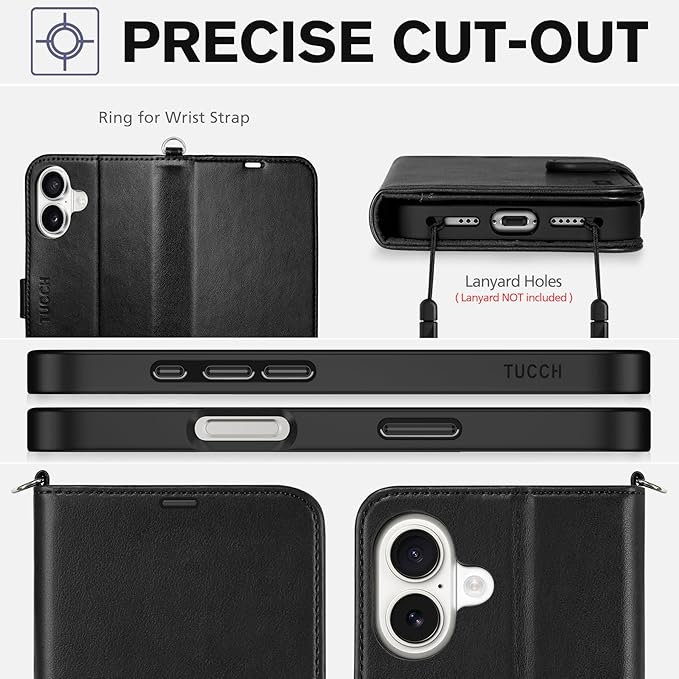 TUCCH Wallet Case for iPhone 17 (6.3") 2025, Wrist Strap RFID Blocking 4 Card Slots, Kickstand, Shockproof TPU Shell, PU Leather, Magnetic Closure, Protective Flip Folio Cover, Black