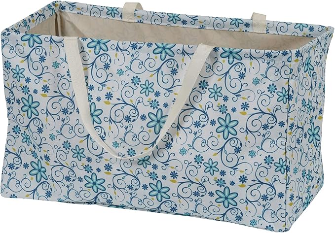 Household Essentials White and Blue Floral Krush Container All-Purpose Utility Tote