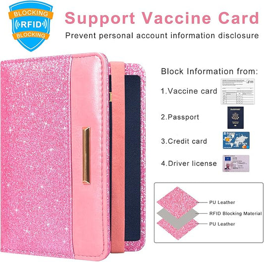 Caweet Passport Holder and Vaccine Card Holder Combo RFID Blocking Leather Vaccination Card Wallet with Elastic Band Closure, Glitter Pink