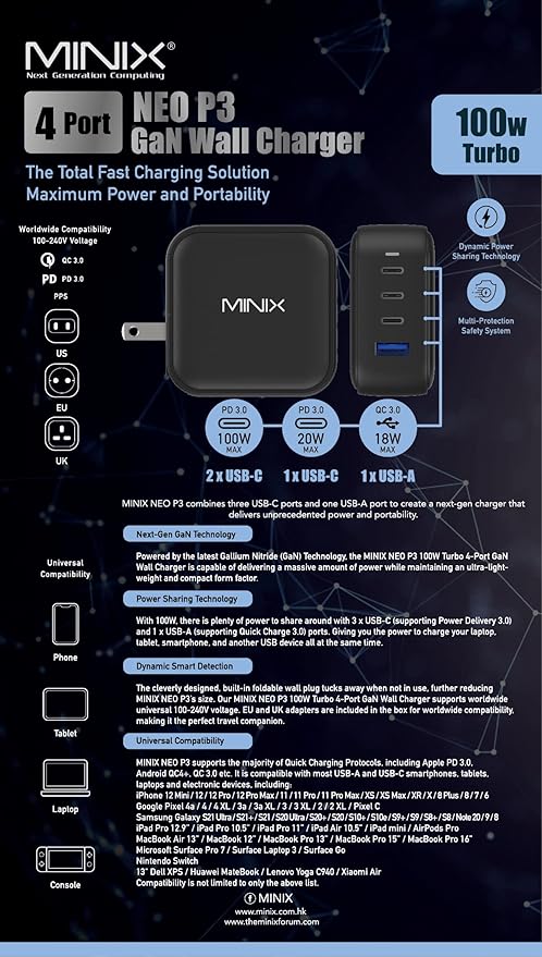 MINIX NEO P3 100W Turbo 4-Port GaN Wall Charger, 3 x USB C port Fast Charging Power Adapter(Max 100W/20W), 1 USB-A (Max 18W). Compatible with MacBook Pro Air, iPad Pro, iPhone 17/16 Pro Max,Galaxy S23