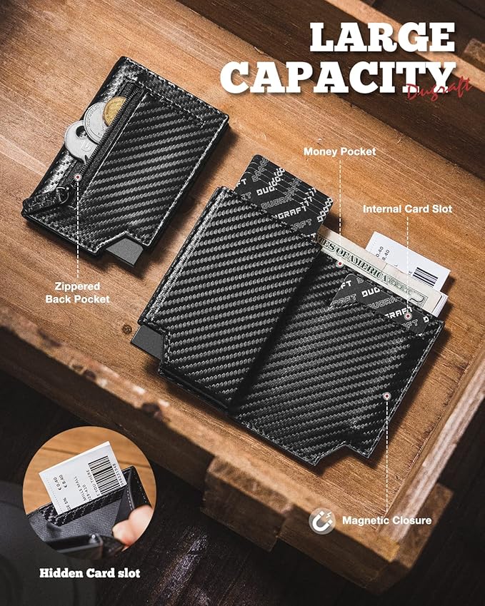 DUGRAFT Bifold Pop Up Wallet for Men, Slim Leather Credit Card Holder with Zipper Minimalist Women Magnetic Cash Coins Pocket Wallets RFID Blocking(CF Black)