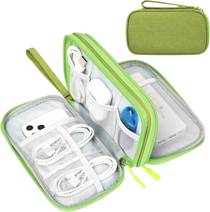 FYY Electronic Organizer, Travel Cable Organizer Bag Pouch Electronic Accessories Carry Case Portable Waterproof Double Layers Storage Bag for Cable, Cord, Charger, Phone, Earphone, Large Size, Green