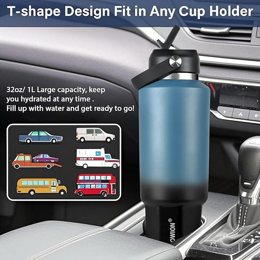 HYDROWION 40 oz Insulated Water Bottle, Car Water Bottle Holder - Double Wall Vacuum Insulated Travel Bottle with Straw Lid, Spout Lid and Flex Cap - Cold for 24H, Hot for 12H, Blue - Black