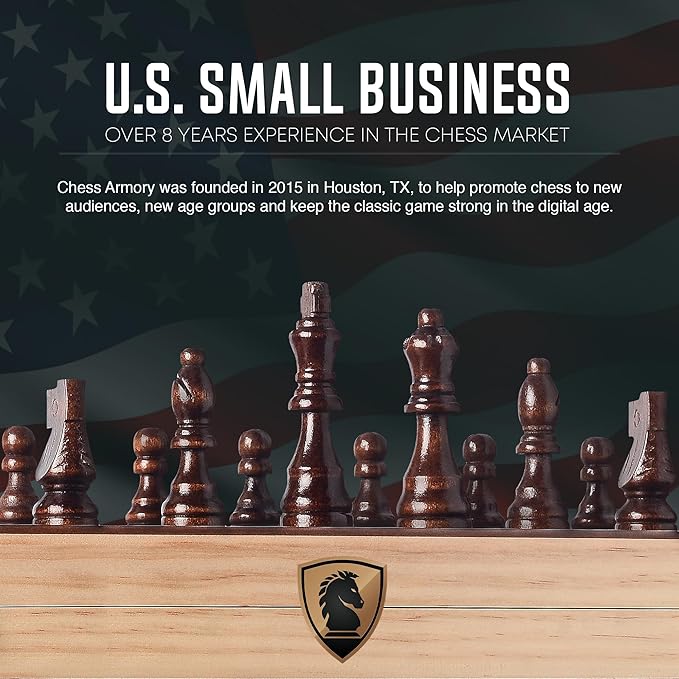 Chess Armory Wooden Chess Set 15 Inch - Premium Walnut Wood Handcrafted Game Board for Adults and Kids with Extra Queen Pieces and Storage Box - Ideal for Home and Travel - Non-Magnetic