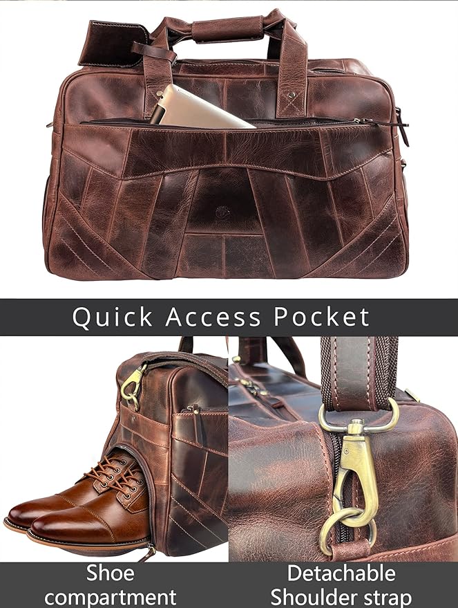 Leather Duffle Bag for Men - Travel Overnight Weekender Bag with 2 Shoe Compartment - Airplane Underseat Carry On Duffel Bag